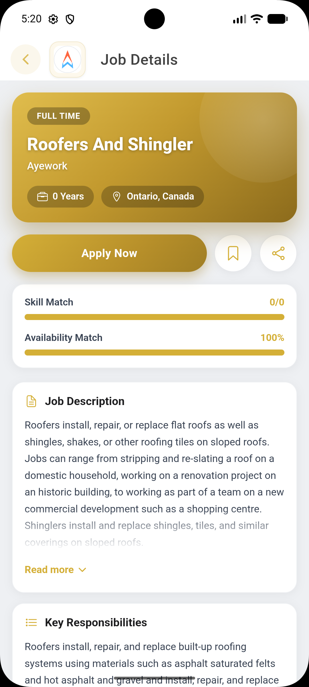 AyeWork app job details screen
