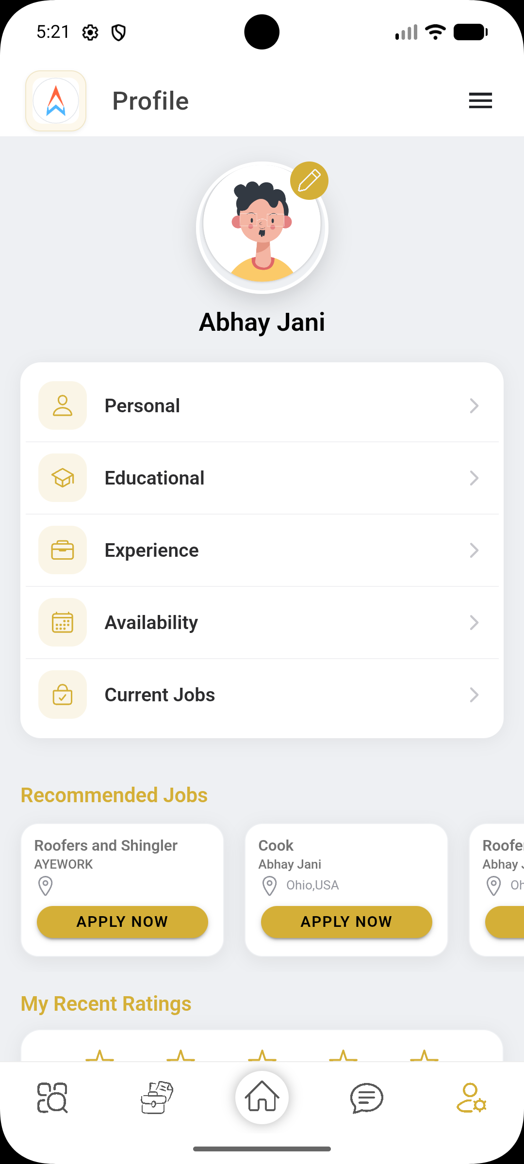 AyeWork app user profile screen
